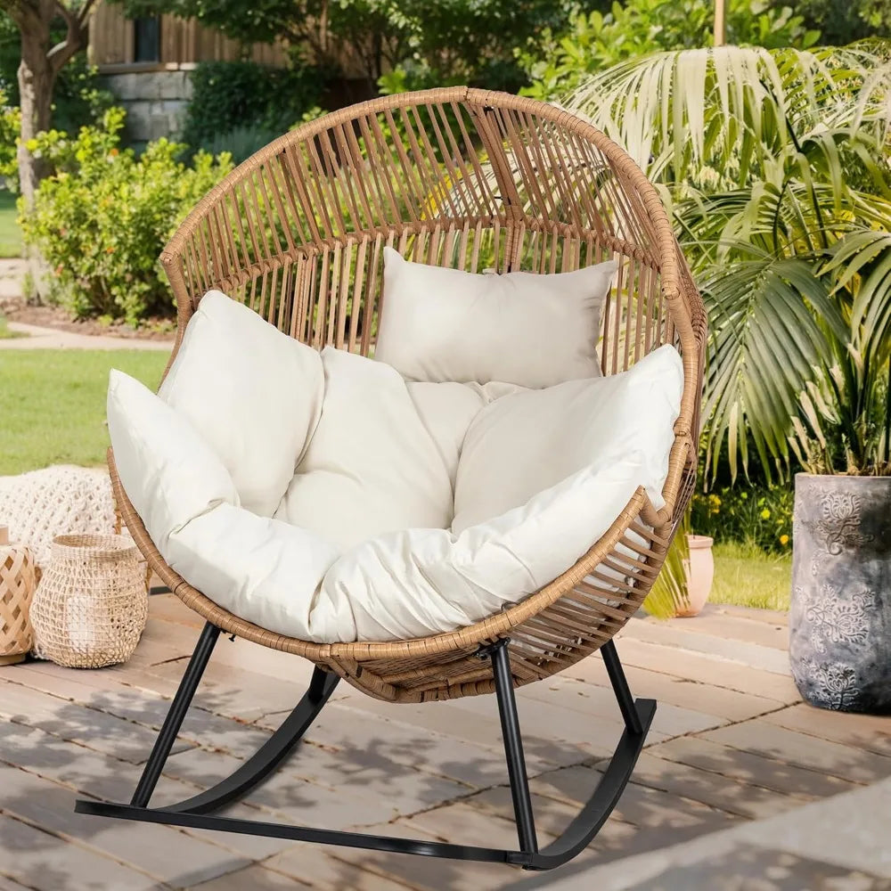 Wicker Egg Rocking Chair with Cushion – Oversized PE Rattan Patio Lounge Chair for Indoor & Outdoor Use, Balcony, Backyard, or Porch