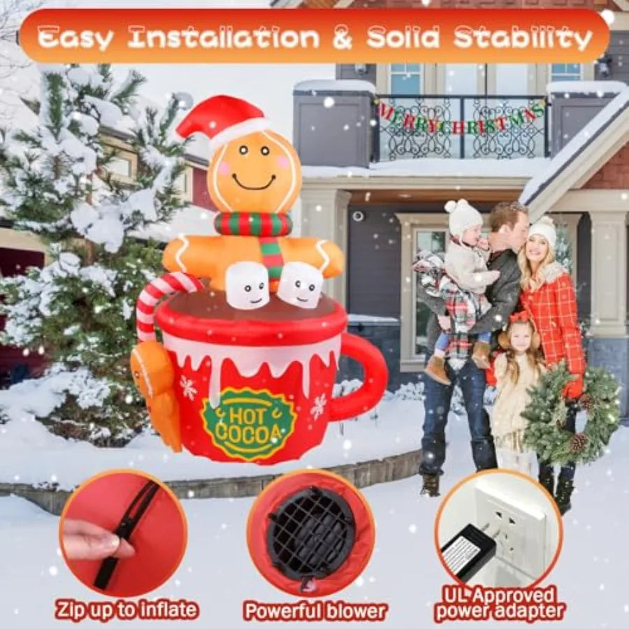 6FT Gingerbread Man in Hot Cocoa Cup Inflatable with LED Lights – Outdoor Christmas Yard Decoration