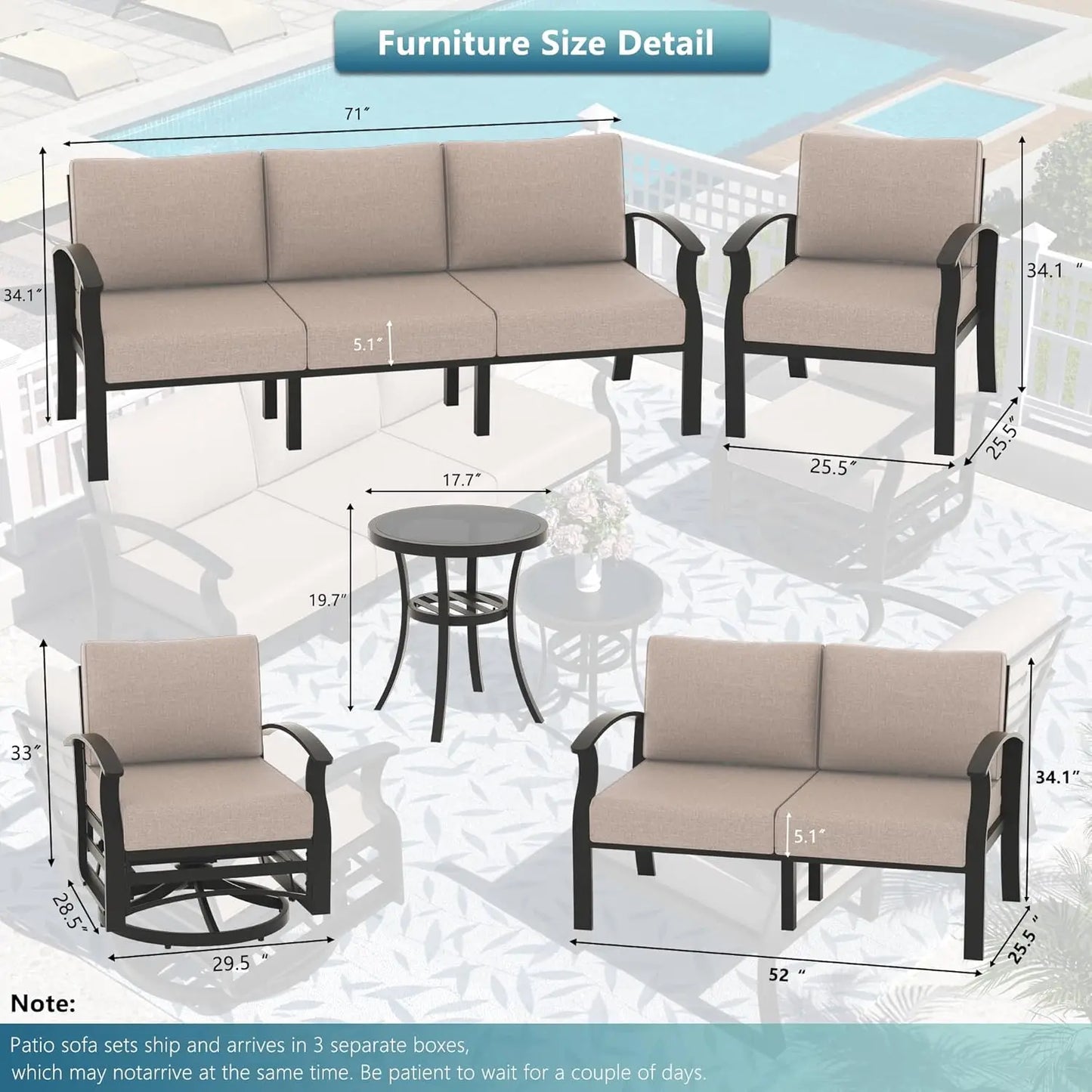 Aluminum Patio Furniture Set with Fire Pit Table – Swivel Chair Metal Sectional Sofa with Upgraded Cushions for Outdoor Patio, Deck, or Backyard