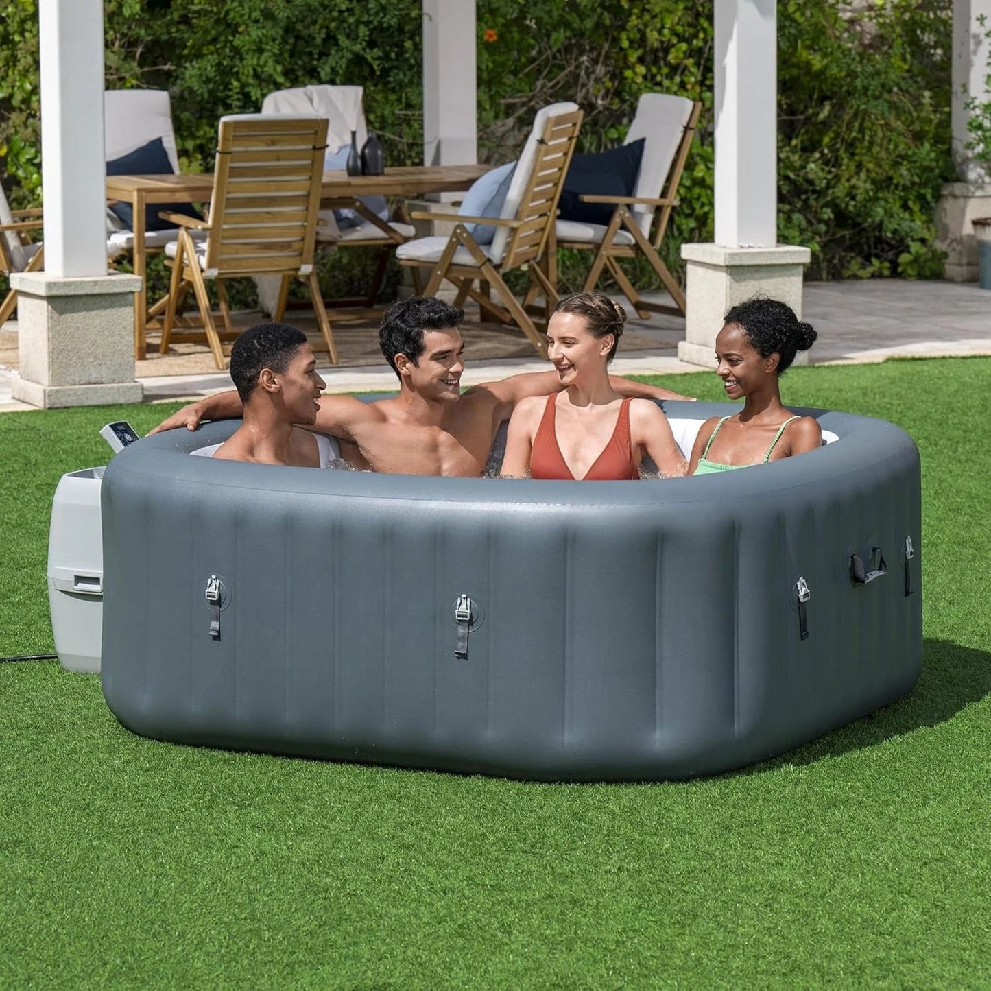 SaluSpa AirJet 4–6 Person Inflatable Hot Tub – Square Portable Outdoor Spa with 114 Soothing AirJets & Insulated Cover, Gray