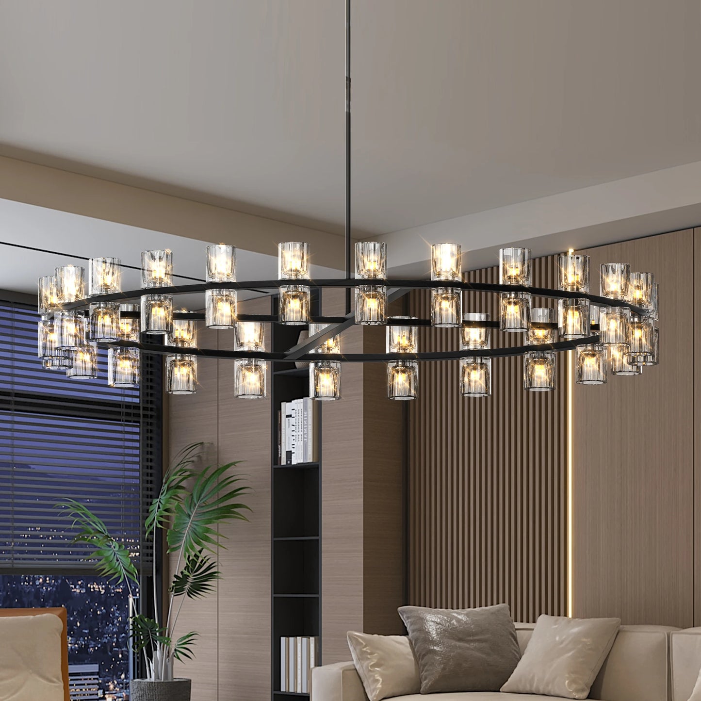 Wagon Wheel Chandelier – 48" Modern Black Round Crystal Light Fixture for Dining Room & Living Room