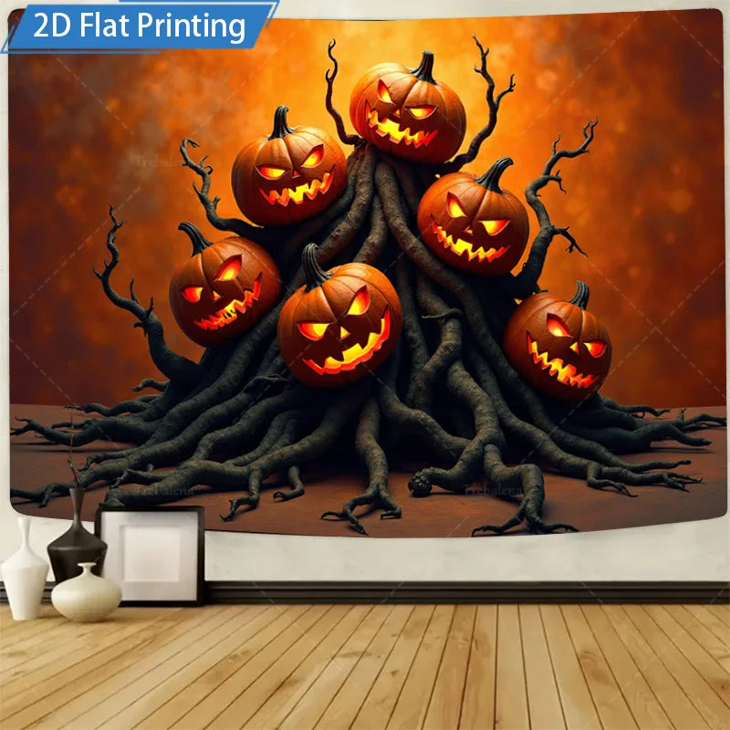 Halloween Wall Tapestry – Monsters, Skulls & Pumpkins, Spooky Welcome Décor for Home, Bedroom, or Party