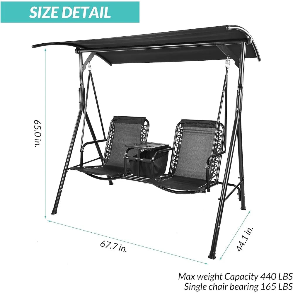 2 Seat Outdoor Patio Swing Chair Outdoor Canopy Swing Glider with Pivot Storage Table, Cup Holder, Adjustable Shade
