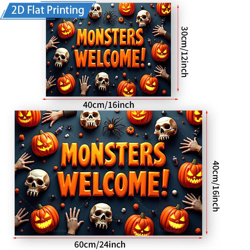 Halloween Wall Tapestry – Monsters, Skulls & Pumpkins, Spooky Welcome Décor for Home, Bedroom, or Party