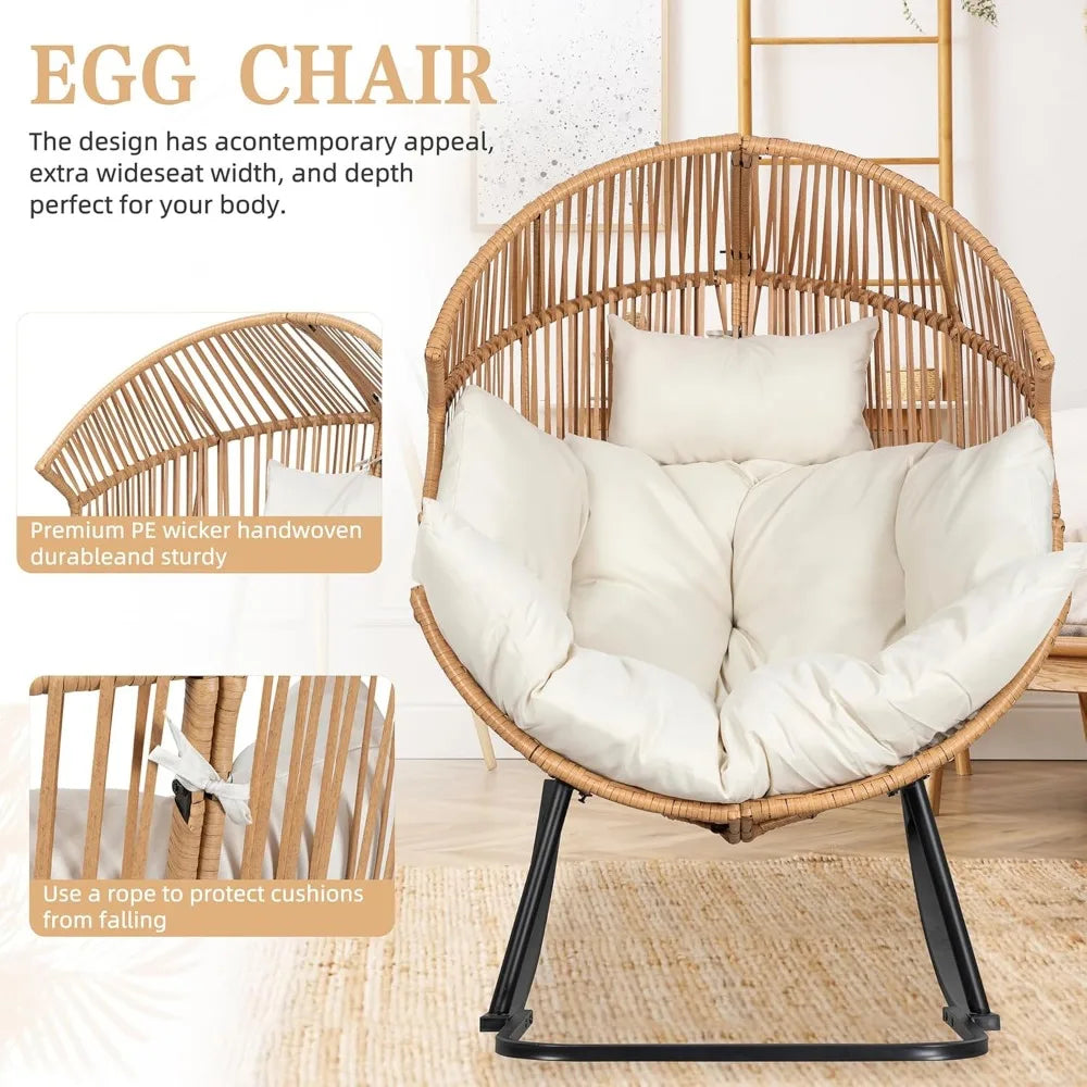 Wicker Egg Rocking Chair with Cushion – Oversized PE Rattan Patio Lounge Chair for Indoor & Outdoor Use, Balcony, Backyard, or Porch