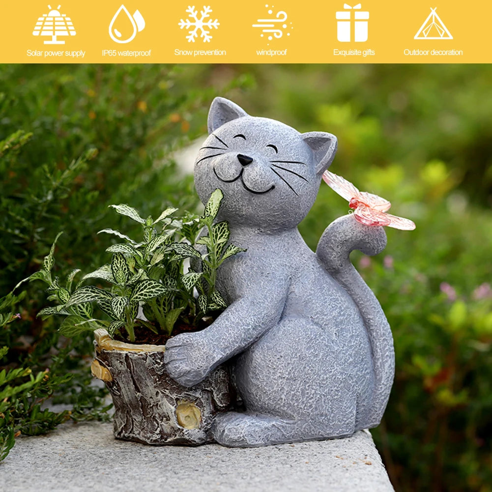 Solar Powered Animal Planter with Light Resin Cat Artwork Flower Pot Creative Kitten Succulent Pot for Cabinet Backyard
