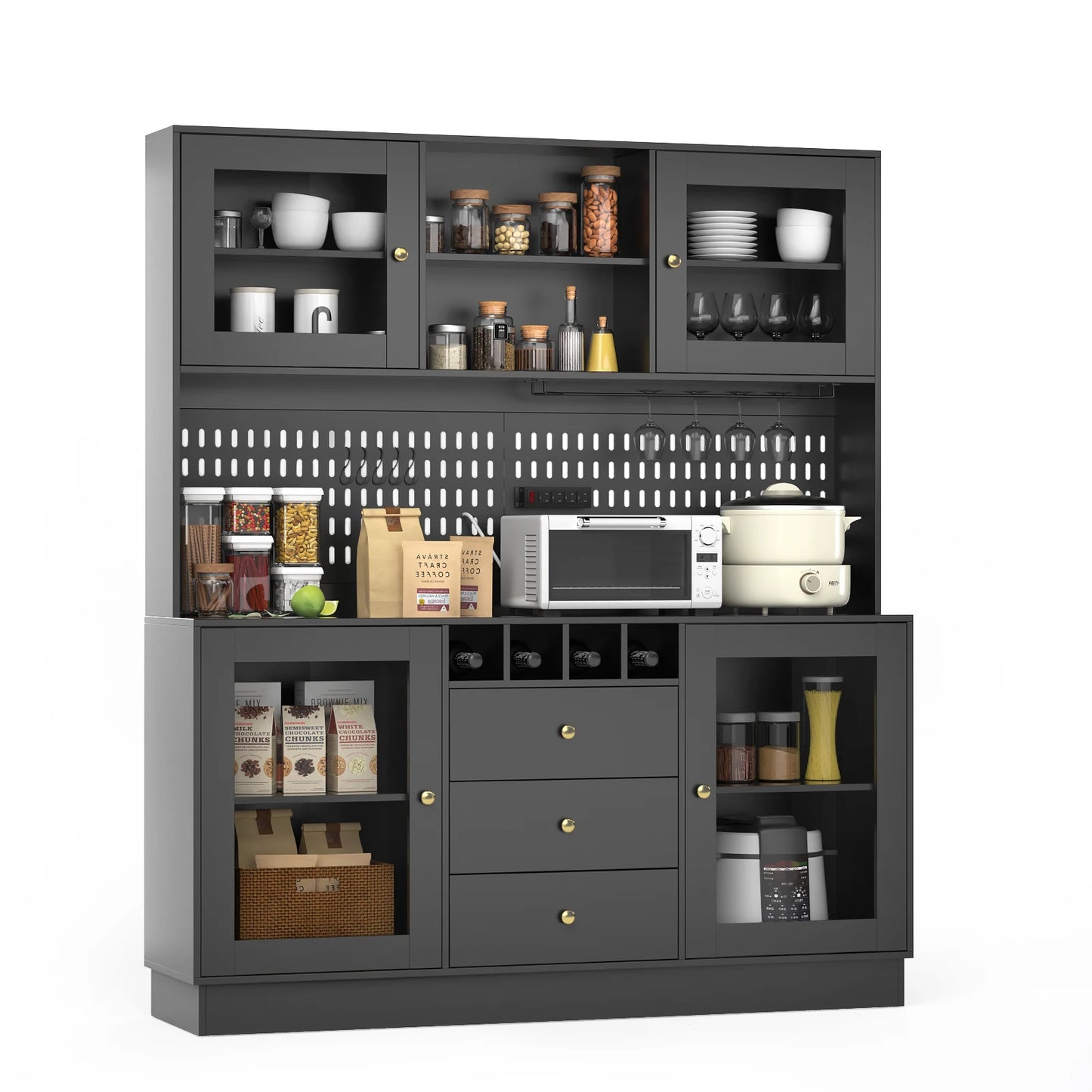 Pantry Cabinet – Freestanding Kitchen Storage Buffet Hutch with Pegboard, Cup Holder & Power Outlet, Black