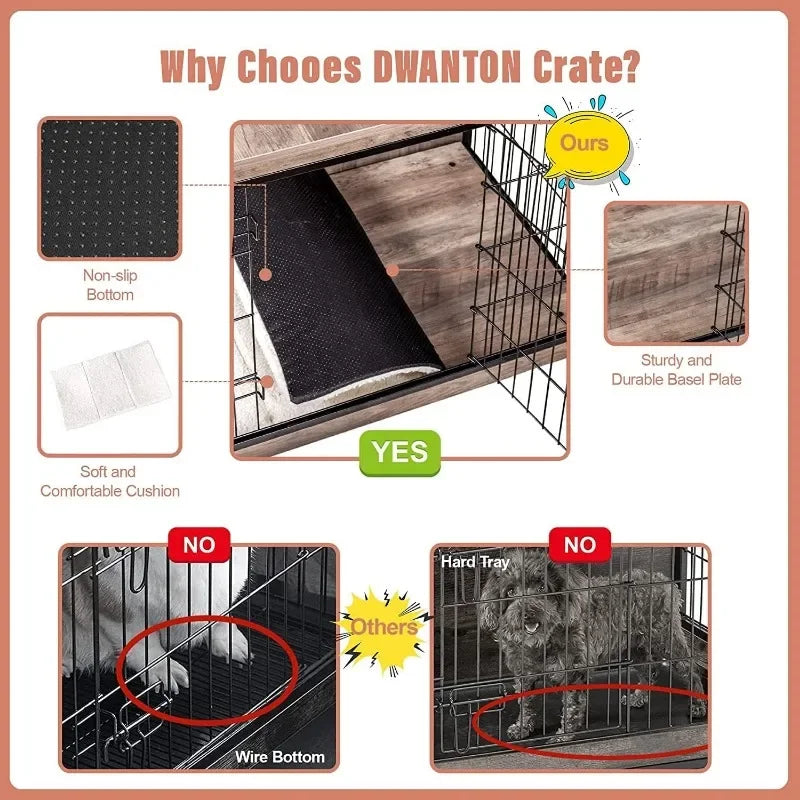 NEW Dog Crate Furniture with Cushion – 38.5" Wooden Indoor Kennel Table with Double Doors, Large Dog House in Greige