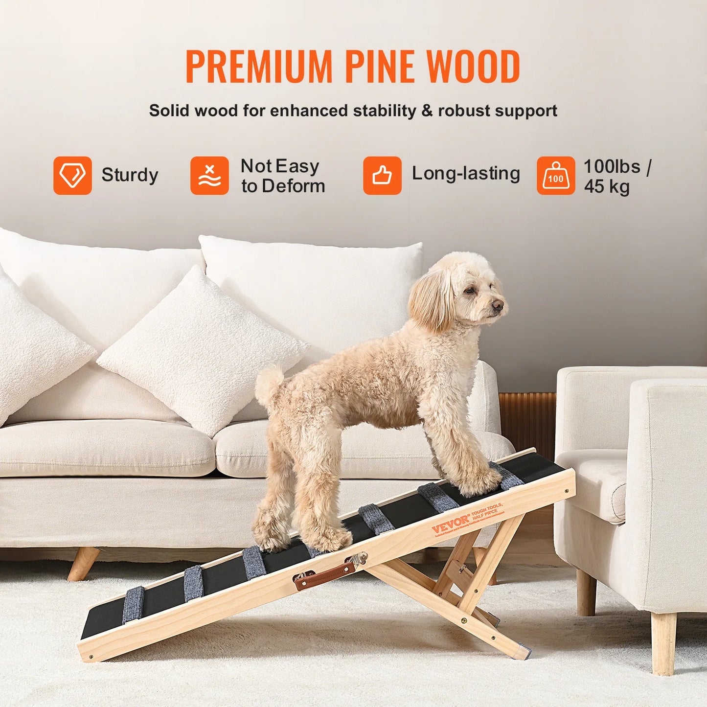 VEVOR Folding Wooden Dog Ramp – Adjustable Height, Anti-Slip Surface, Portable Pet Ladder for Small & Senior Dogs – Perfect for Stairs, Sofa, Car, and Bed Access