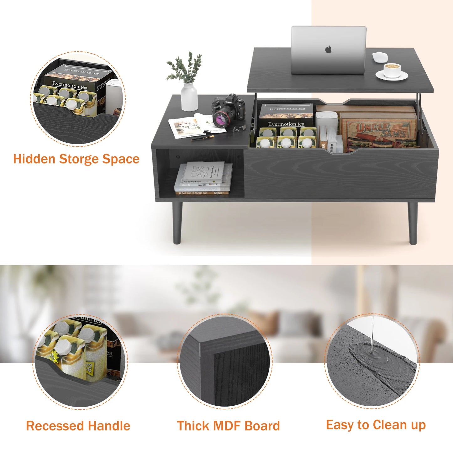 JHK Lift Top Coffee Table – 39.37"x19.7" Adjustable Wood Coffee Table with Hidden Storage & Open Shelf – Easy Lift or Lower for Living Room, Work, or Dining