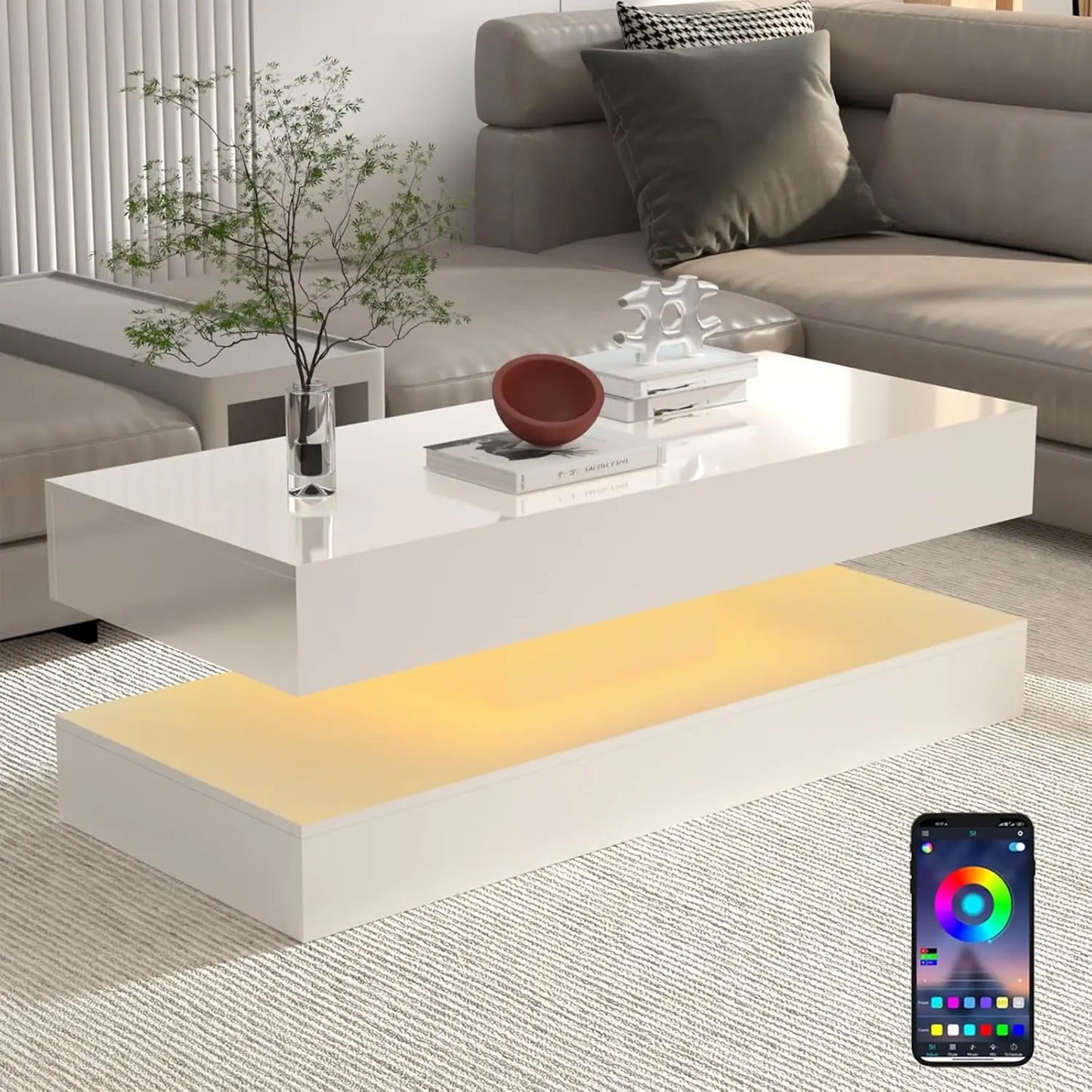 Modern Stylish Coffee Table with LED Lights & Double-Layer Design