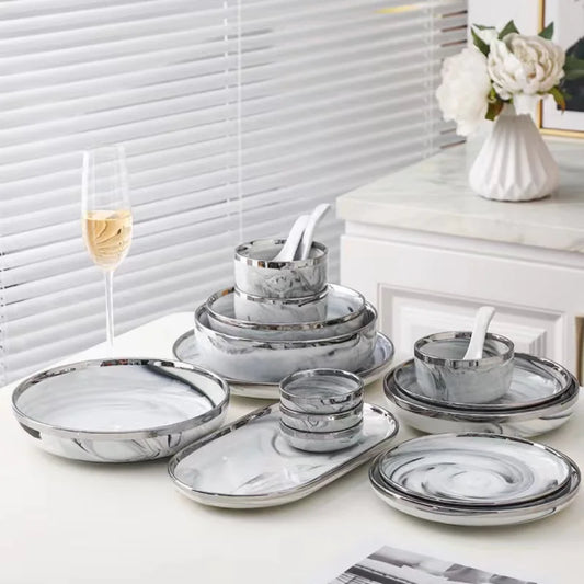 Marble Ceramic Porcelain  With Silver Rim Dinnerware Set