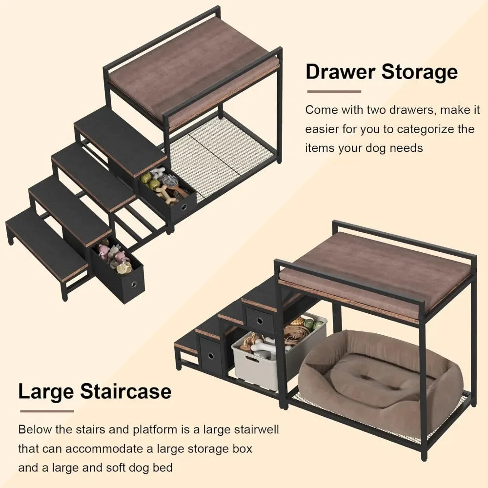 Pet Bunk Bed with Stairs & Storage – Multi-Level Elevated Dog & Cat Bed with Window Perch & Bedside Lounge
