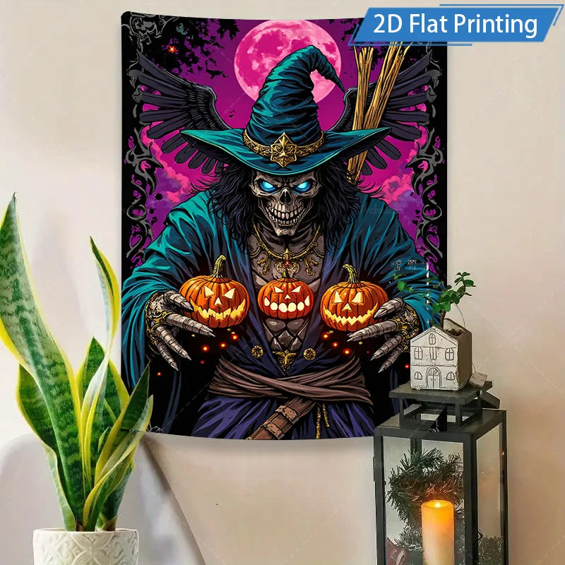 Halloween Wall Tapestry – Gothic Skull Witch with Pumpkins, Spooky Horror Décor for Home, Bedroom, or Party