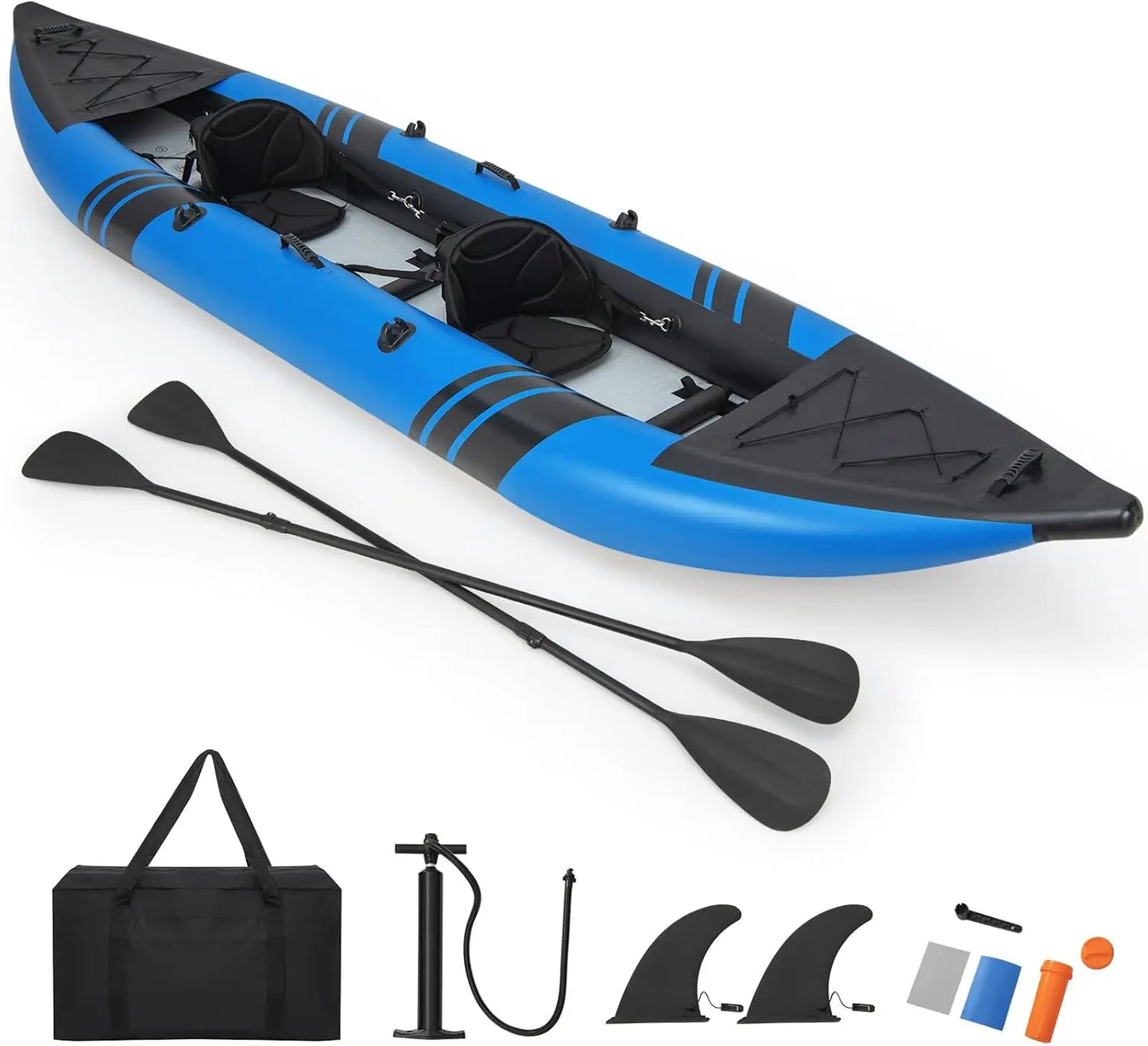 12.5FT Inflatable 2-Person Kayak Canoe – Heavy-Duty Drop-Stitch Floor, 507 lbs Capacity, Adjustable Seats, Paddles, Pump & Carry Bag Included