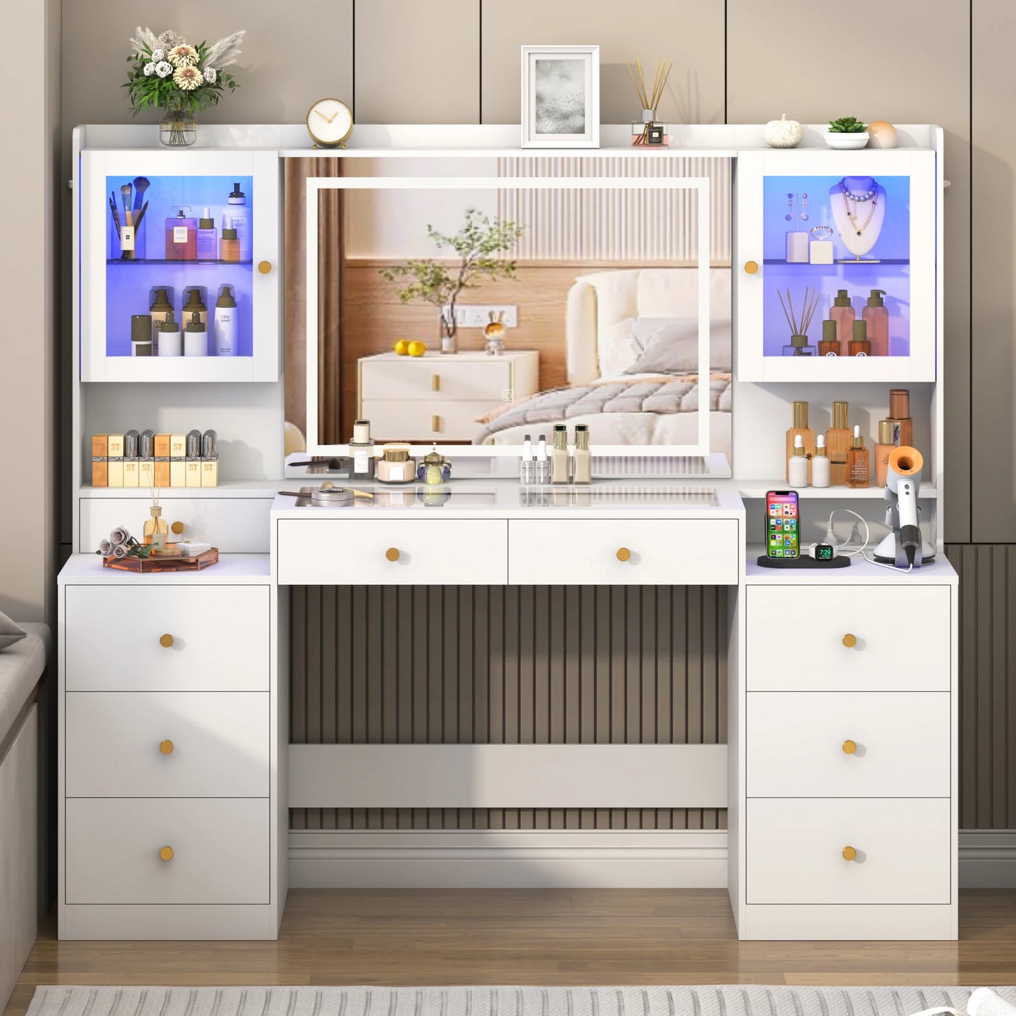 61.7" Large Vanity Desk with Mirror and Lights – Makeup Vanity with Charging Station, Sliding Drawers & Glass Door Cabinets