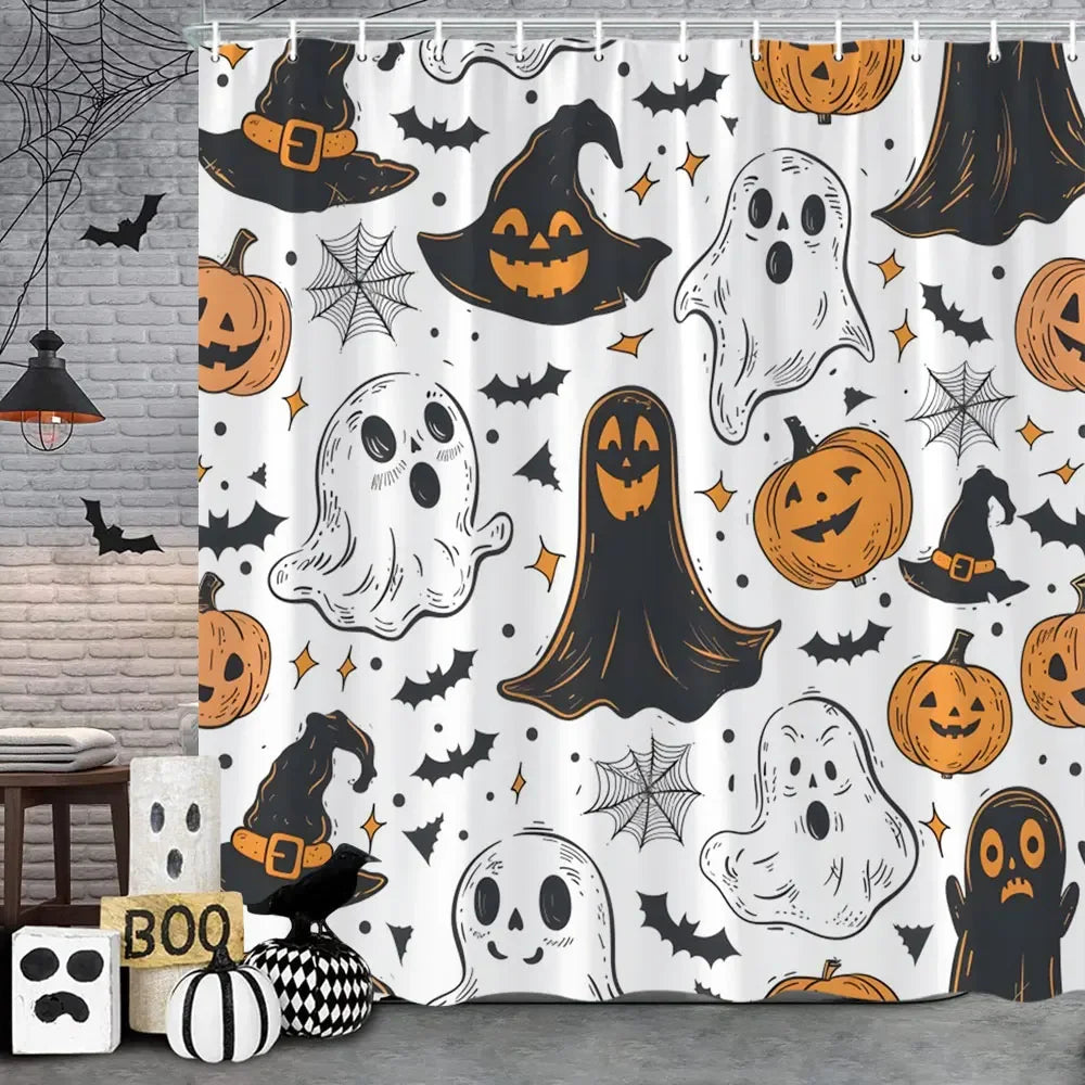 🦇 Spooky Halloween Skeleton & Crow Shower Curtain – Gothic Black Cat & Bat Design with Hooks