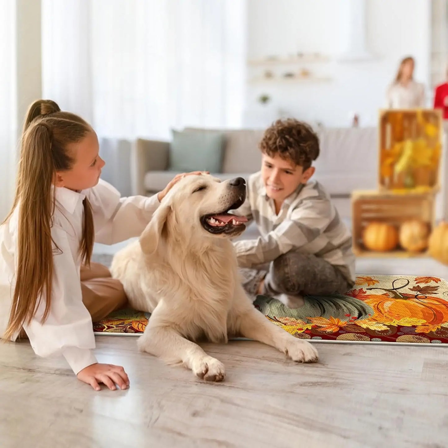 Fall Pumpkin Kitchen Mat – Autumn Maple Leaf Non-Slip Rug for Entryway, Living Room, Hallway, Laundry Room & Balcony