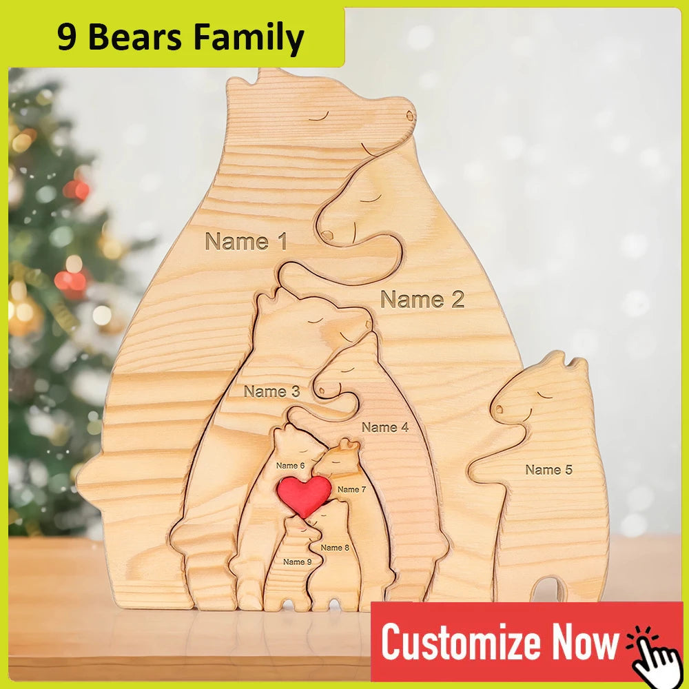 Personalized Custom Bear Family Wooden Puzzle – DIY Name Engraved Sculpture Figurine for Home Desk Decor, Christmas & Birthday Gift