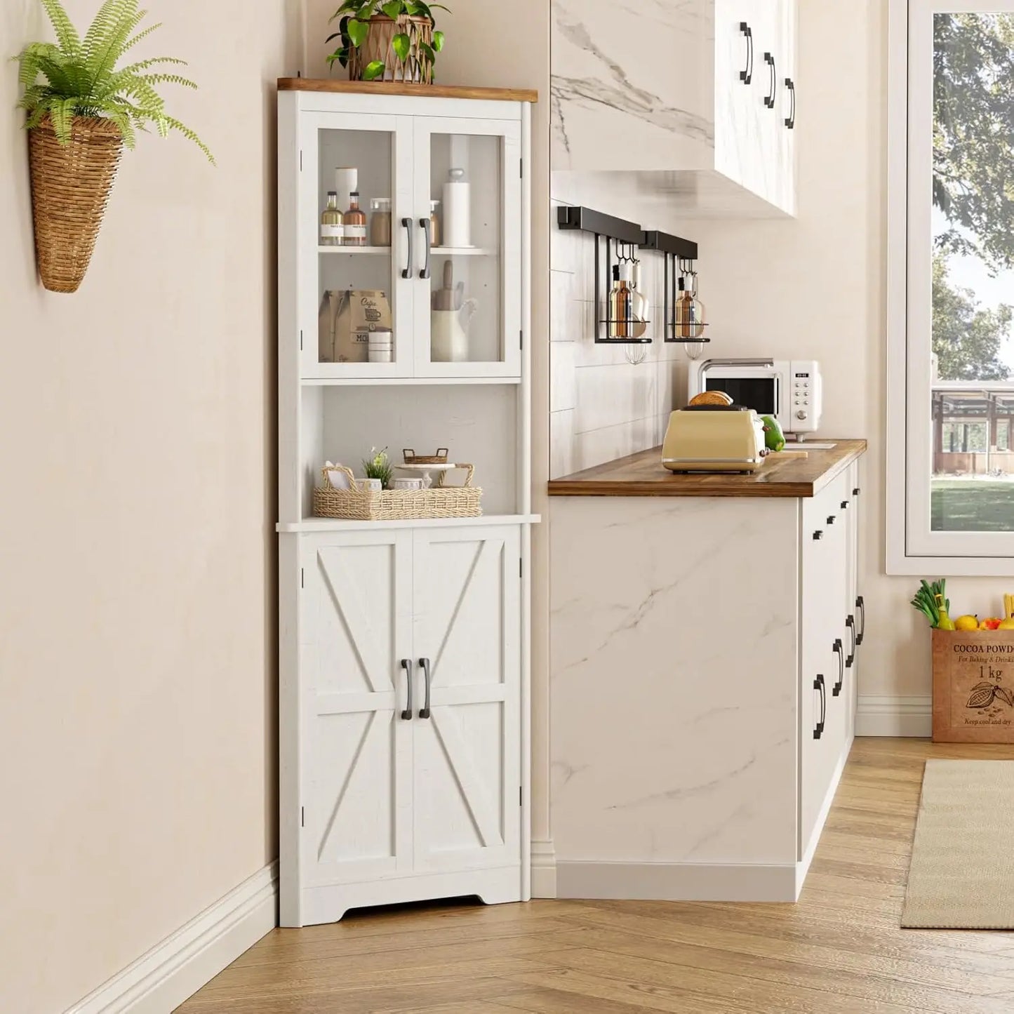 Vabches 67" Tall Corner Cabinet – 5-Tier Farmhouse Storage Cabinet with Doors & Adjustable Shelves for Living Room
