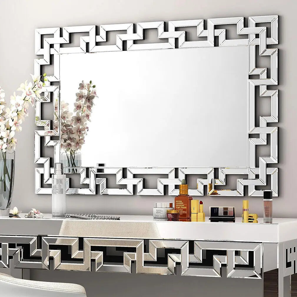 Luxury Silver Geometric Wall Mirror – Rectangular Beveled Glass Accent Mirror for Living Room, Bedroom, or Entryway