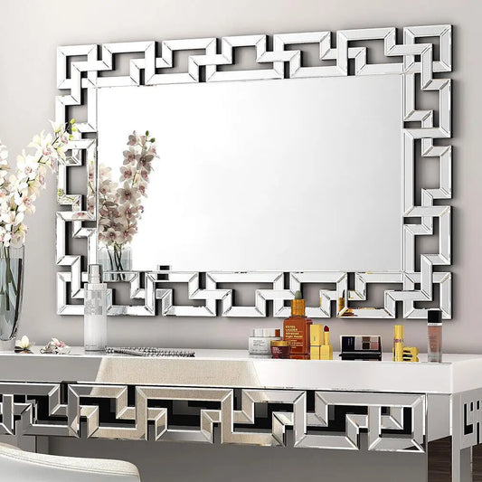 Luxury Silver Geometric Wall Mirror – Rectangular Beveled Glass Accent Mirror for Living Room, Bedroom, or Entryway