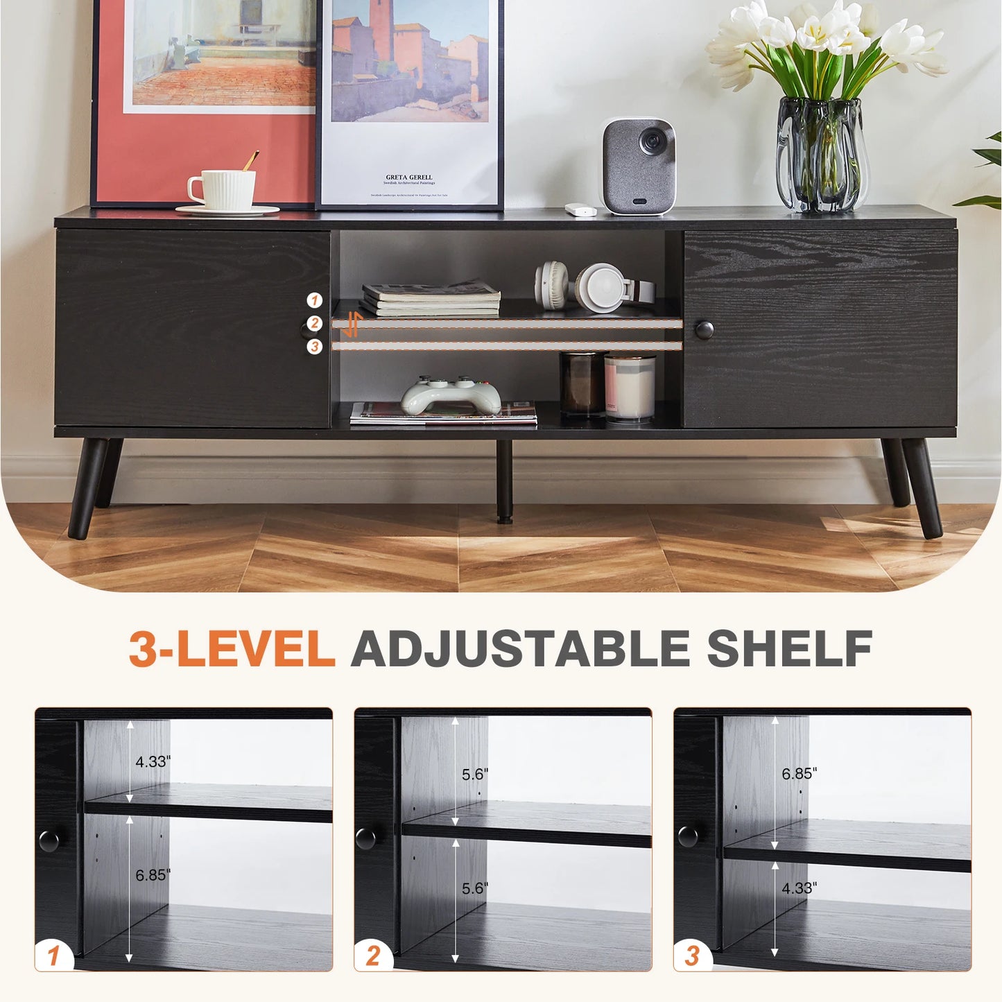 JHK Wooden Fireplace TV Stand for TVs up to 60” – Entertainment Center with Electric Fireplace, Adjustable Shelf & 2 Storage Cabinets