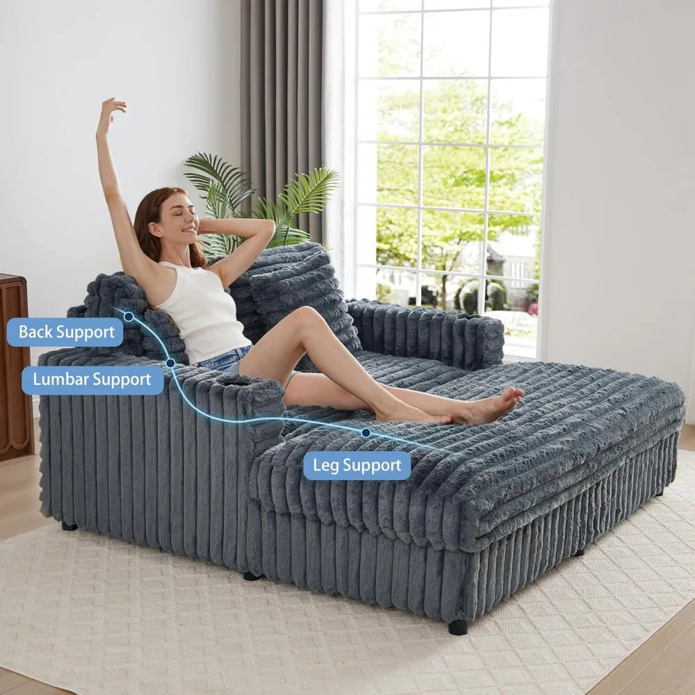 63" Plush Faux Rabbit Fur Corduroy Chaise Loveseat – USB Charging Station, Cup Holder & Pillows Included