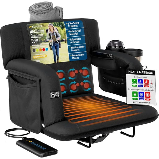 Alpcour Heated Massage Reclining Stadium Seat – 21" Wide Padded Bleacher Chair with Back Support, Armrests & Cushion for Bleachers