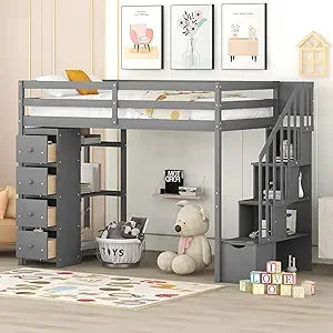 Full Size Loft Bed with Stairs, Storage Shelves & Bookshelf – Wooden Loft Bed Frame with Built-In Lights, Space-Saving Design for Kids, Teens, and Adults