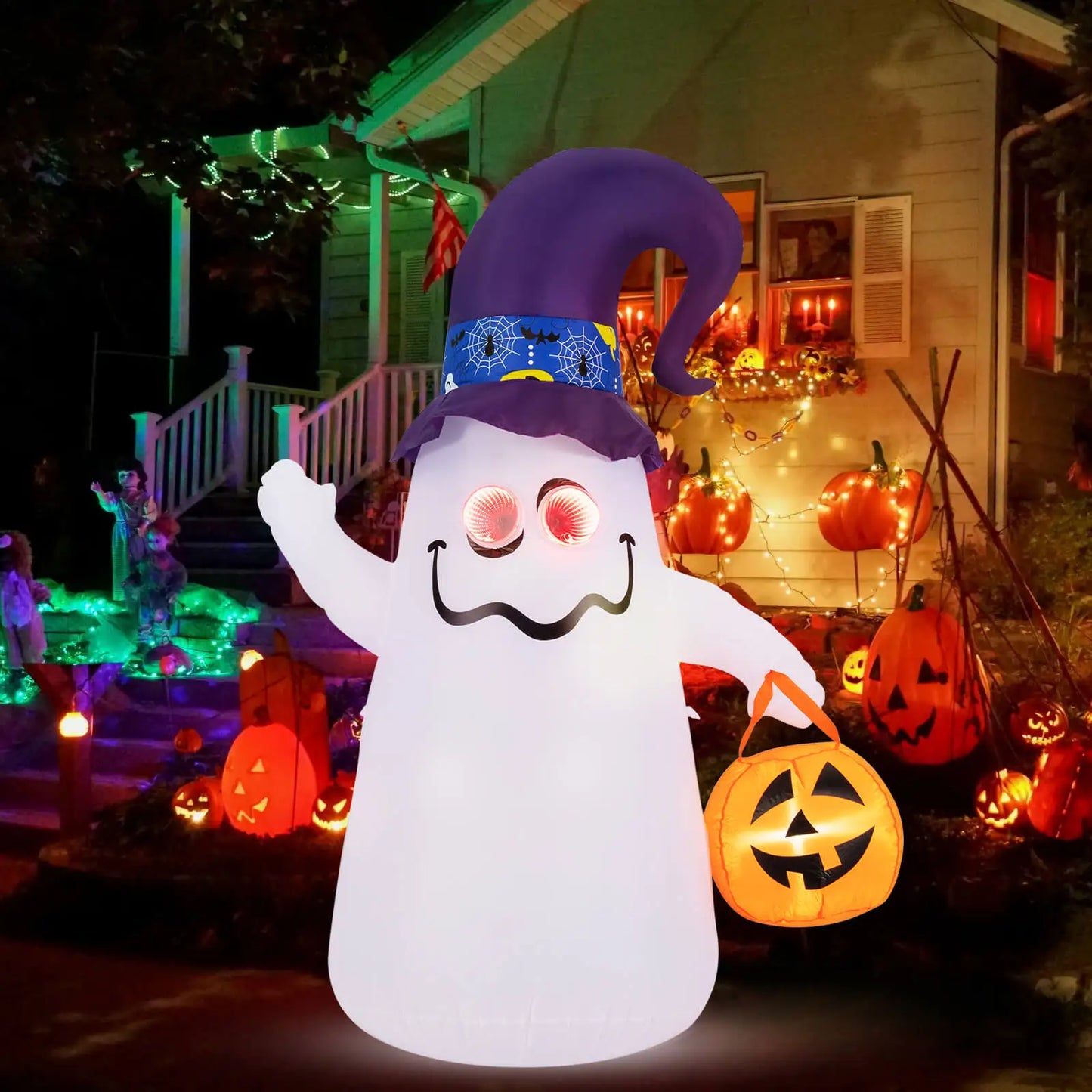6 Ft Halloween Inflatable – Cute Ghost with Jack-O’-Lantern & Witch Hat, Airblown Yard Decor