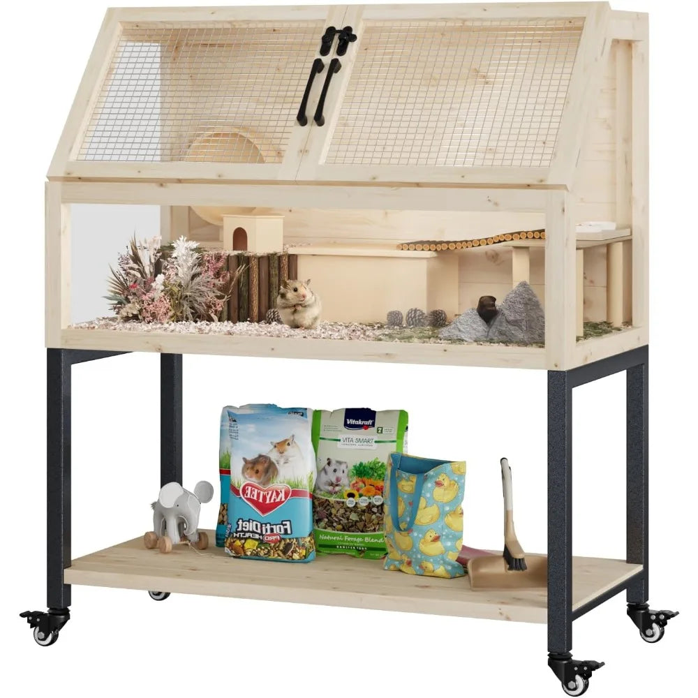 Small Wooden Transparent Animal Cage with Storage Shelf