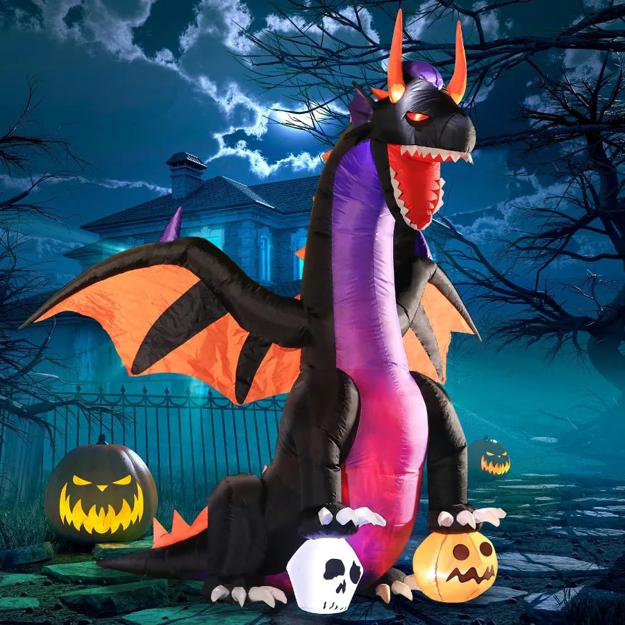 7FT Halloween Inflatable Dragon Stepping on Pumpkin & Skull – LED Lighted Blow-Up Decoration for Outdoor Holiday, Garden, or Lawn Display