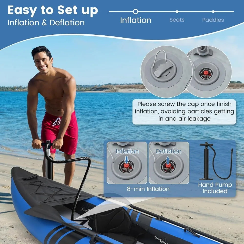 12.5FT Inflatable 2-Person Kayak Canoe – Heavy-Duty Drop-Stitch Floor, 507 lbs Capacity, Adjustable Seats, Paddles, Pump & Carry Bag Included