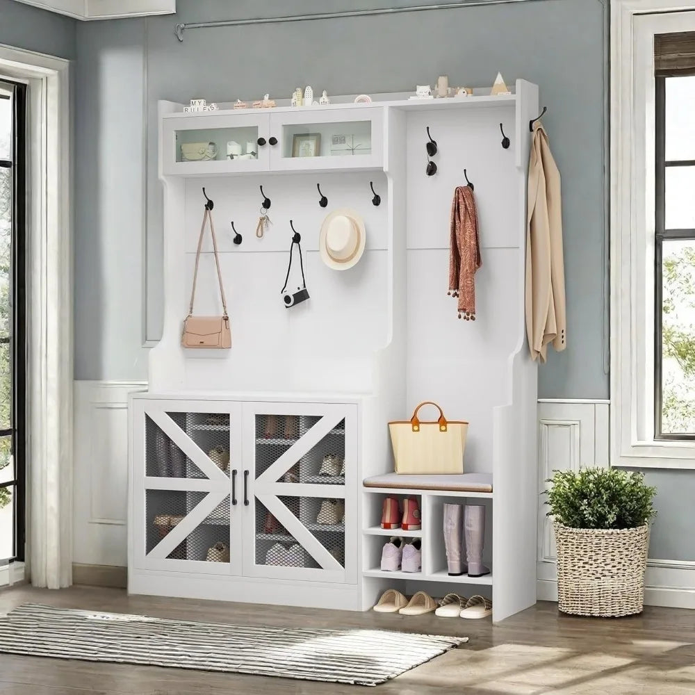Farmhouse Hall Tree with Bench – Entryway Mudroom Organizer with 18 Shoe Cubbies, 12 Coat Hooks & Storage Bench