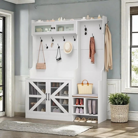 Farmhouse Hall Tree with Bench – Entryway Mudroom Organizer with 18 Shoe Cubbies, 12 Coat Hooks & Storage Bench