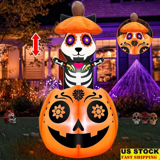 5 Ft Inflatable Halloween Decoration – Animated Cat on Pumpkin Day of the Dead Yard Decor with LED Lights