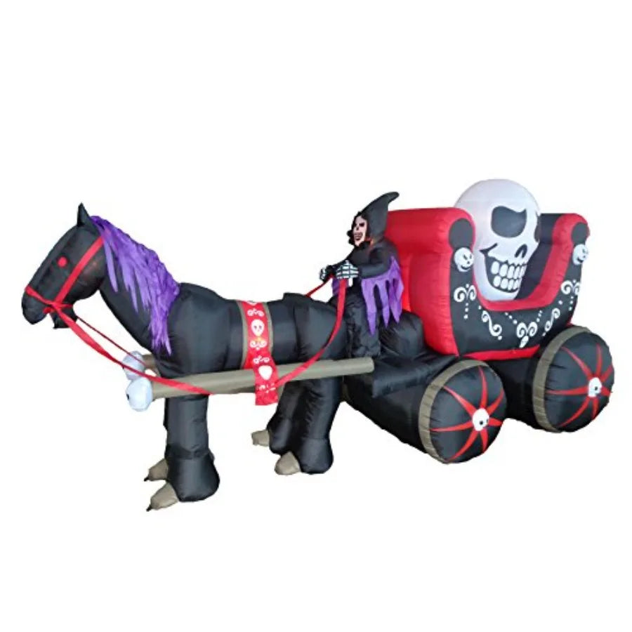 12-Foot Halloween Inflatable Skeleton Carriage – Lighted Outdoor/Indoor Blow-Up Decoration with Ghost, Skull & LED Lights