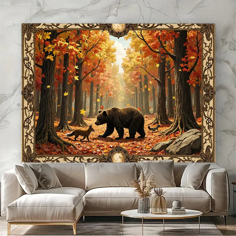 Autumn Forest Wall Tapestry – Bear & Fox Rustic Nature Wall Art for Living Room, Bedroom, Dorm, or Home