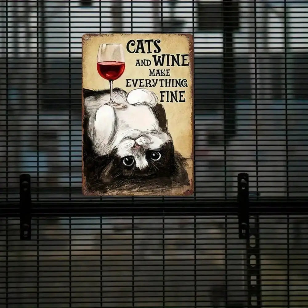 Funny "Cats & Wine Make Everything Fine" Metal Sign – Pet & Wine Tin Wall Décor for Home, Bar & Kitchen