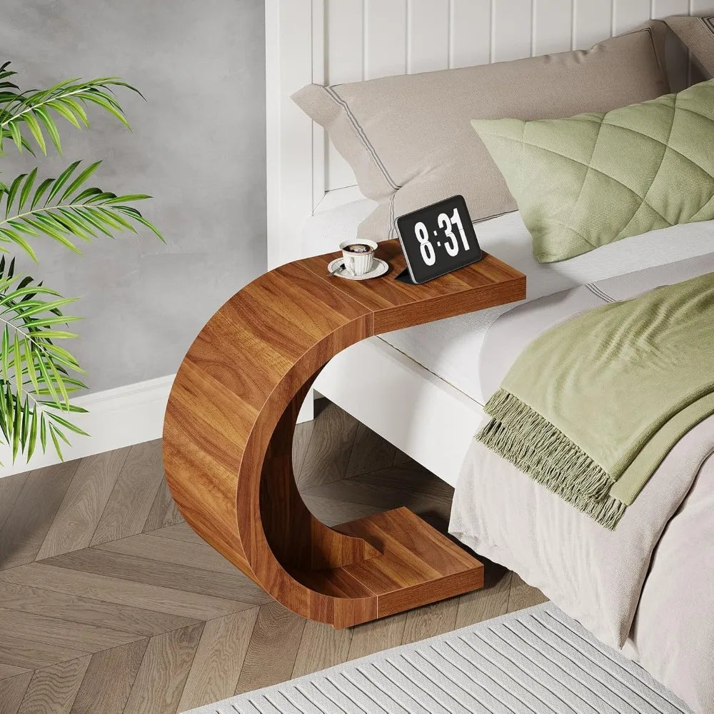 C-Shaped End Table Set of 2 – Rustic Walnut Side Tables for Couch, Small Space Living Room & Bedroom, Easy Assembly