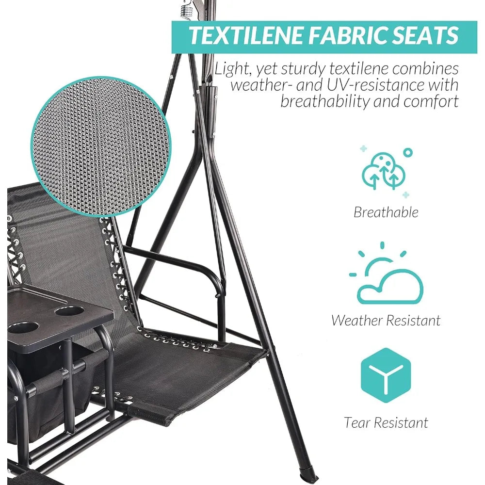 2 Seat Outdoor Patio Swing Chair Outdoor Canopy Swing Glider with Pivot Storage Table, Cup Holder, Adjustable Shade