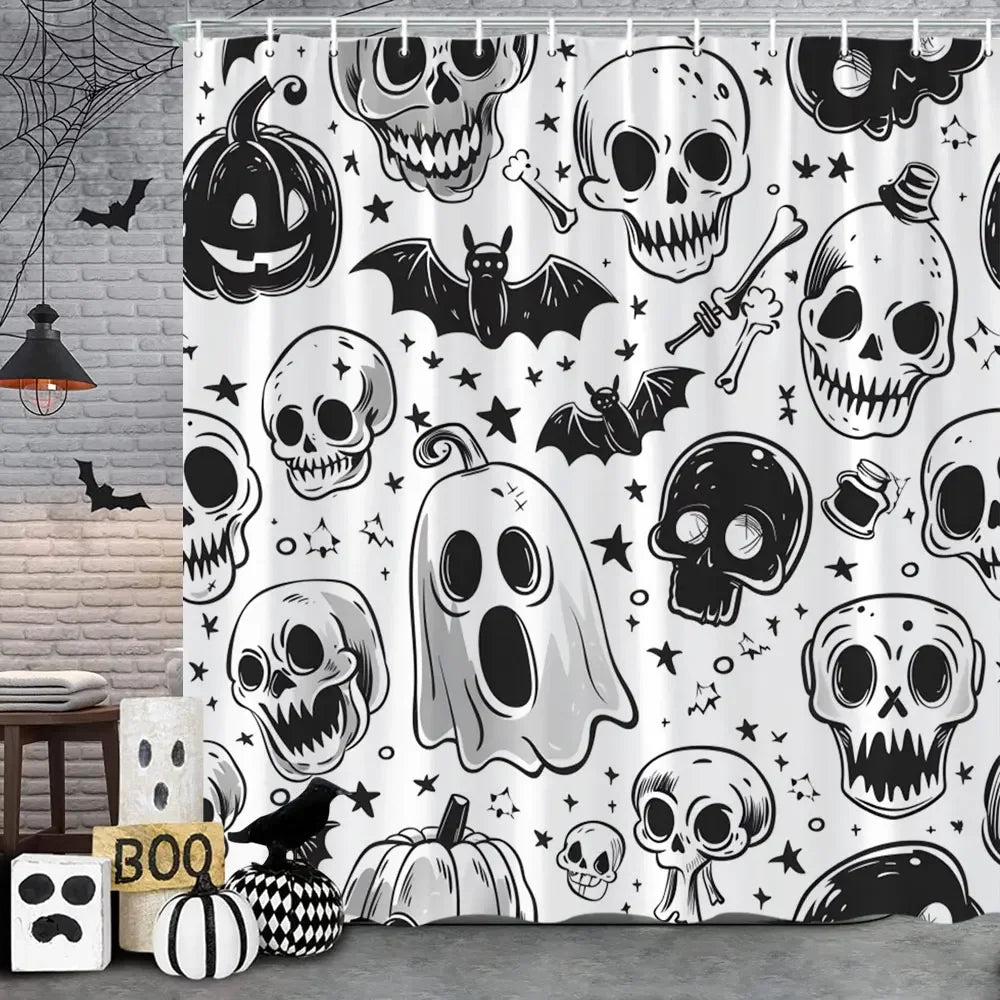 🦇 Spooky Halloween Skeleton & Crow Shower Curtain – Gothic Black Cat & Bat Design with Hooks