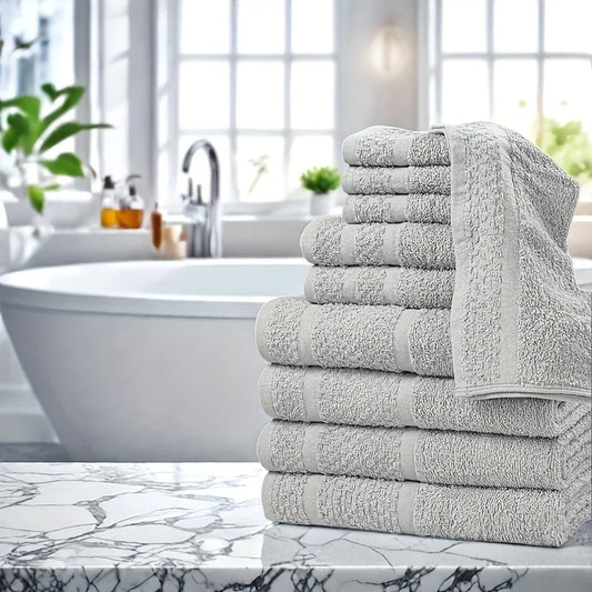10-Piece Cotton Bath Towel Set – 4 Bath Towels, 2 Hand Towels & 4 Washcloths – Absorbent, Quick-Drying Solid Color Towels for Bathroom