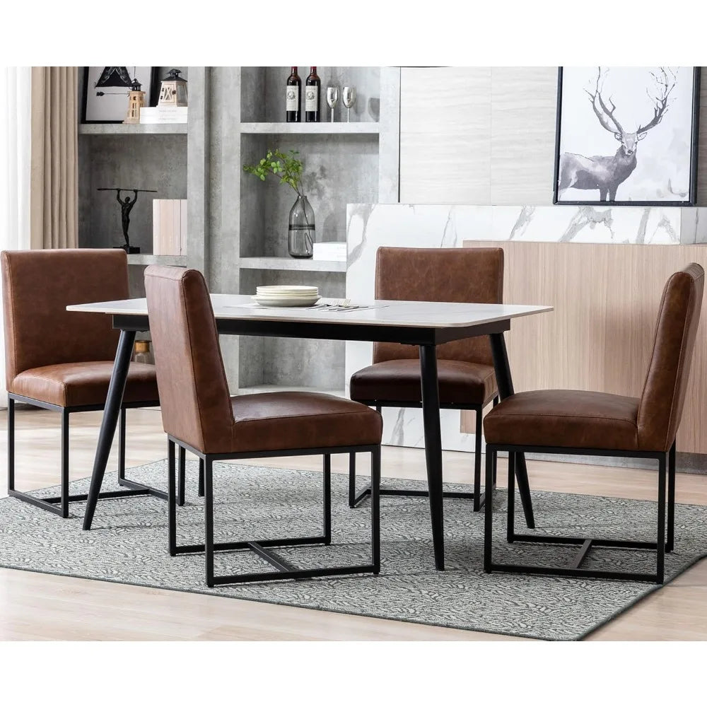 Faux Leather Upholstered Dining Chairs – Mid Century Modern Padded Kitchen Chairs with Black Metal Frame & Adjustable Foot Pads