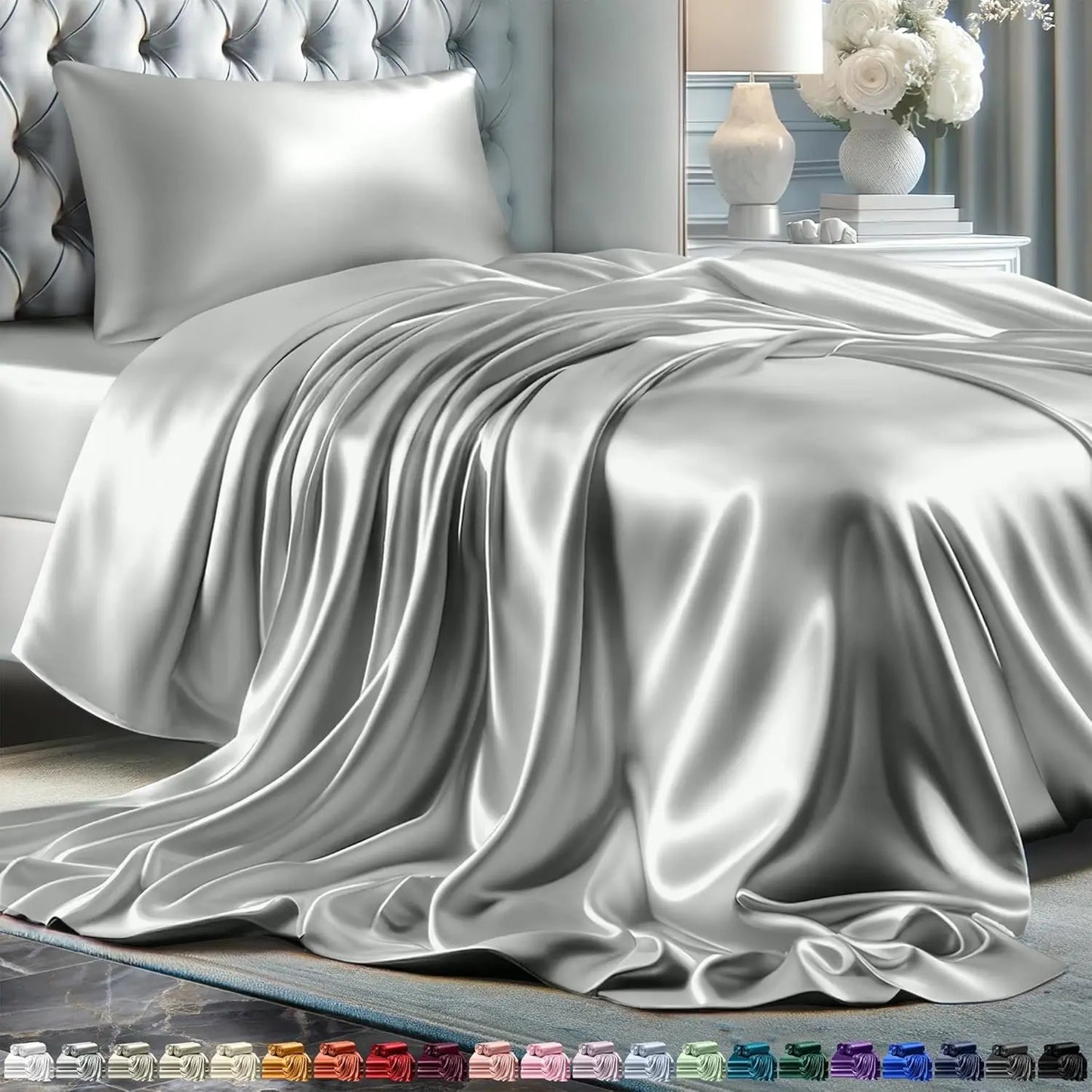 Luxury Satin Bed Sheets – 4-Piece Silky Queen Size Bedding Set, Wrinkle-Free with 15” Deep Pocket Fitted Sheet