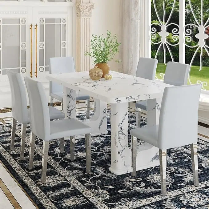 64.5" Modern Farmhouse Dining Table Set for 6 – Wood Dining Table with Decorative Pedestal Legs & 6 Cushioned Chairs