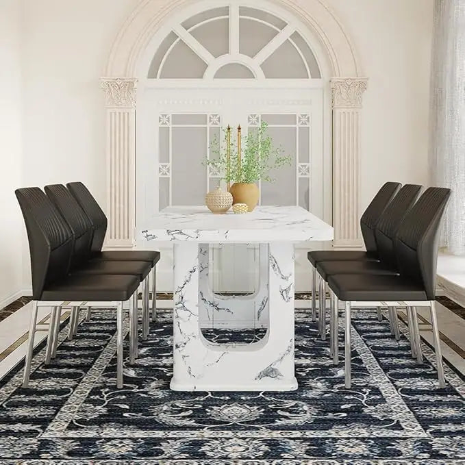 64.5" Modern Farmhouse Dining Table Set for 6 – Wood Dining Table with Decorative Pedestal Legs & 6 Cushioned Chairs