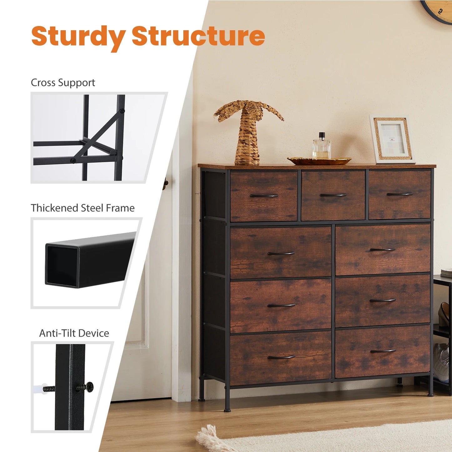 JHK Tall Dresser with 9 Fabric Storage Drawers — Bedroom Wardrobe Organizer for Adults & Kids