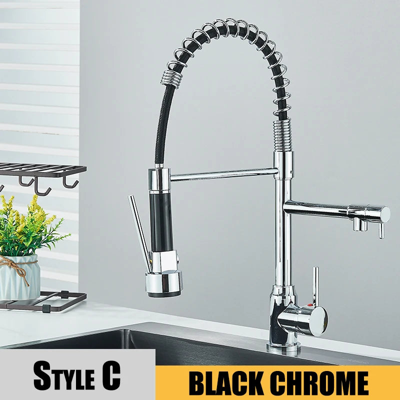 Black Pull Down Kitchen Faucet – 2-Mode Dual Spout Hot & Cold Water Mixer, 360° Swivel, Deck-Mounted Flexible Sink Tap